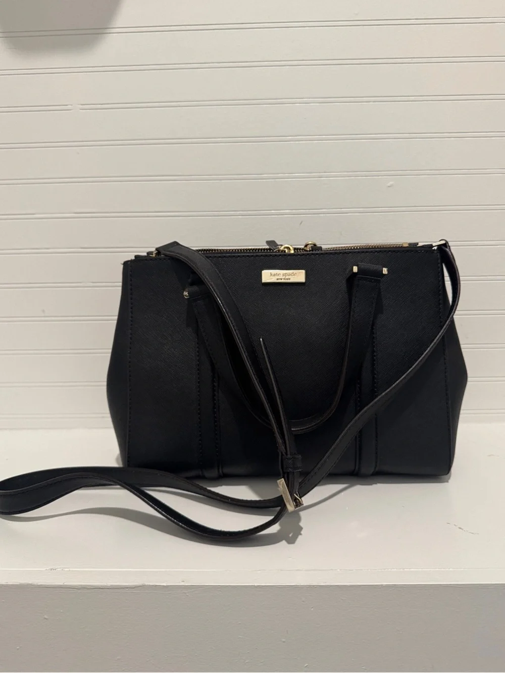 Kate Spade Black Leather Structured Satchel with Gold Hardware